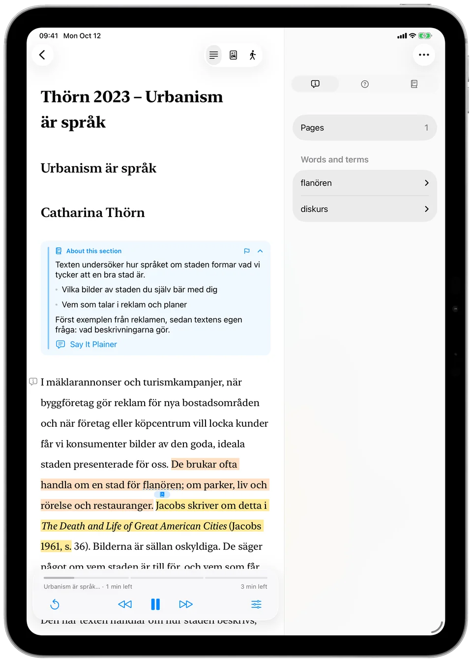 Erling on iPad: the text with a card about the section at the top, the sentence being read highlighted, and the terms flâneur and discourse listed in a column to the right