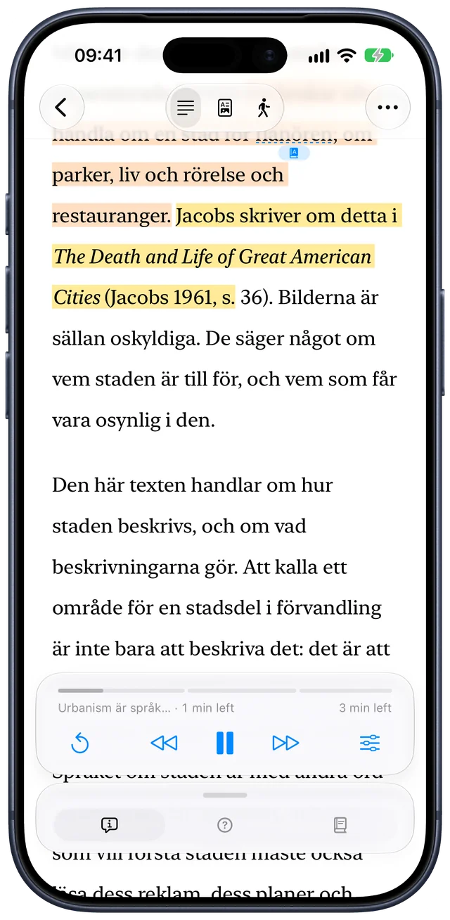 The same text on iPhone, with the sentence being read highlighted in yellow