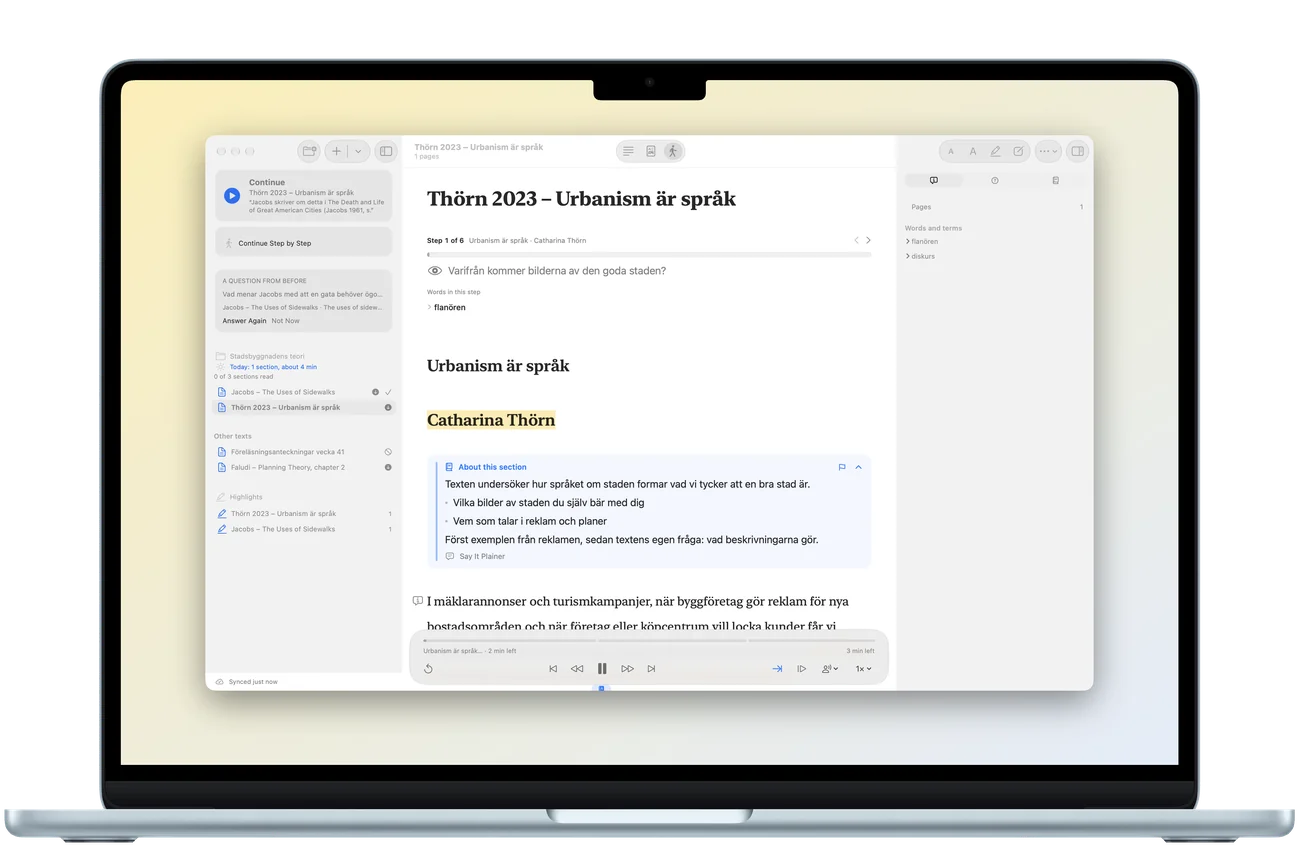 Guided reading on the Mac: step 1 of 6 with the question to look for, the word in the step and the card about the section