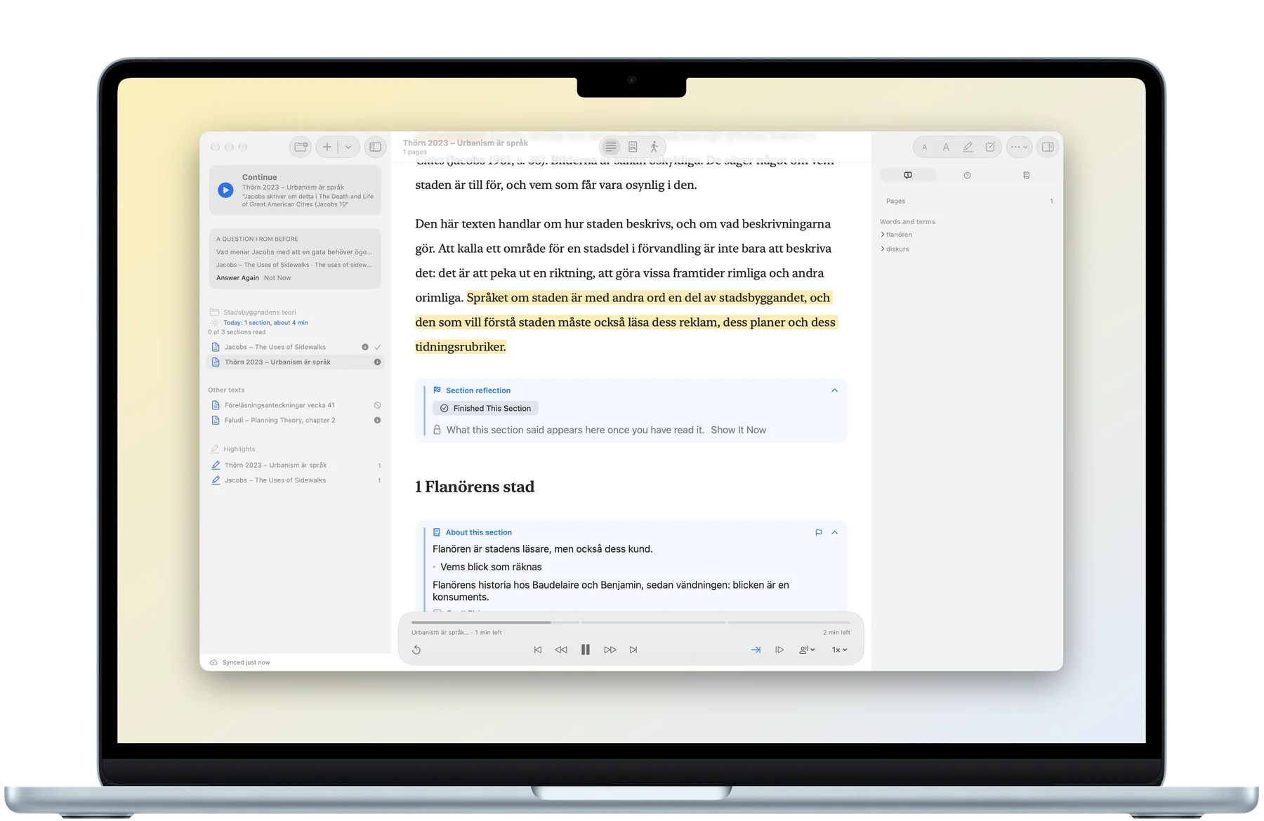 Erling on the Mac: the library on the left, the text with the sentence being read highlighted in the middle, the terms on the right and the player at the bottom